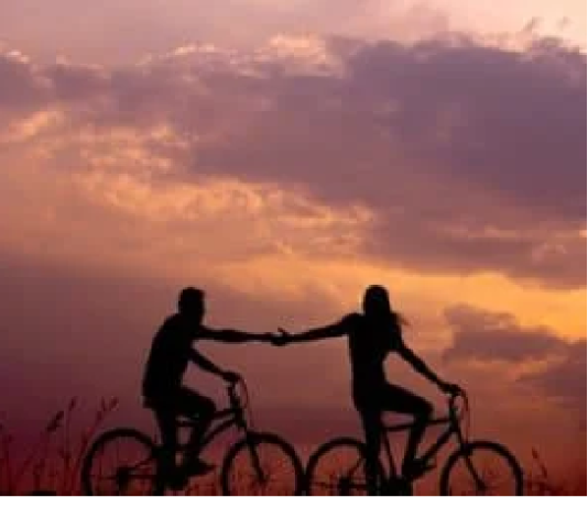 Two people on bicycles hold hands against a sunset sky. Our life