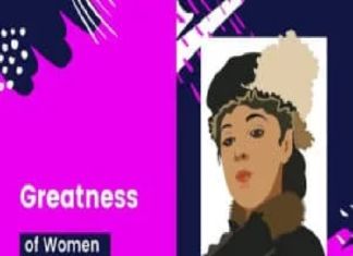 Illustrated portrait of a woman in a hat on the right, with the text "Women's Greatness" and "Think Must" on a pink and black abstract background on the left.