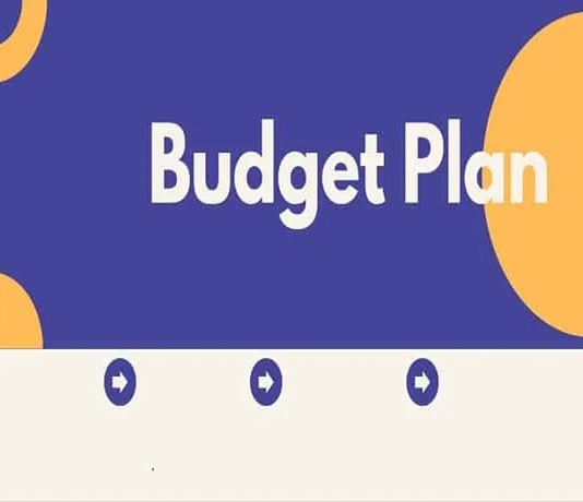 A vibrant image features "Budget Plan" prominently displayed on a blue background adorned with eye-catching orange circles. Below it, a beige section elegantly showcases three dynamic blue arrows, symbolizing direction and purpose.