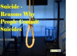 A rope noose hangs in focus against a blurred background. Text over the image reads, "Suicide - Reasons Why People Commit Suicides.