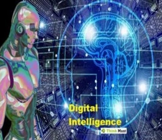 A colorful robot stands next to a digital brain with circuitry, accompanied by the text "Digital Intelligence quotient