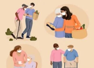 Help: A Path to a Joyful Life Illustration of people fostering a joyful life by assisting elderly individuals with groceries, walking aids, and sharing food, all while wearing masks.