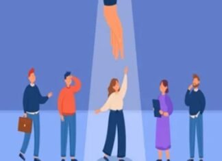 Illustration of a large hand pointing at a talented woman standing in a spotlight, surrounded by four people offering help. Talent and help