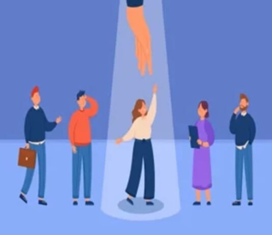 Illustration of a large hand pointing at a talented woman standing in a spotlight, surrounded by four people offering help. Talent and help