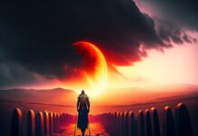 A man harnessing the power of God, walks down a path beside a mesmerizing eclipse.