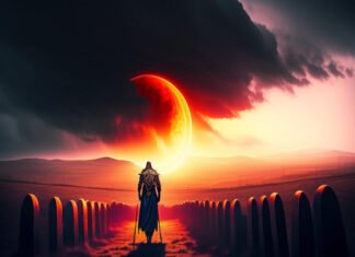A man harnessing the power of God, walks down a path beside a mesmerizing eclipse.