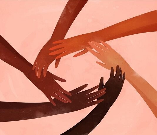 A group of hands forming a circle, symbolizing unity and connection, on a pink background. Saying life and injustice