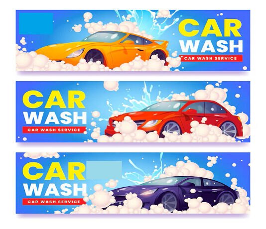 Three colorful banners advertising a car wash franchise. Each banner features a different car (yellow, red, and black) covered in soap suds and water, with text reading "Car Wash" and "Car Wash Service.