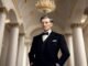 A man in a formal suit stands in an opulent hall with a chandelier and tall white columns, exuding both wealth and power reminiscent of John D. Rockefeller era.