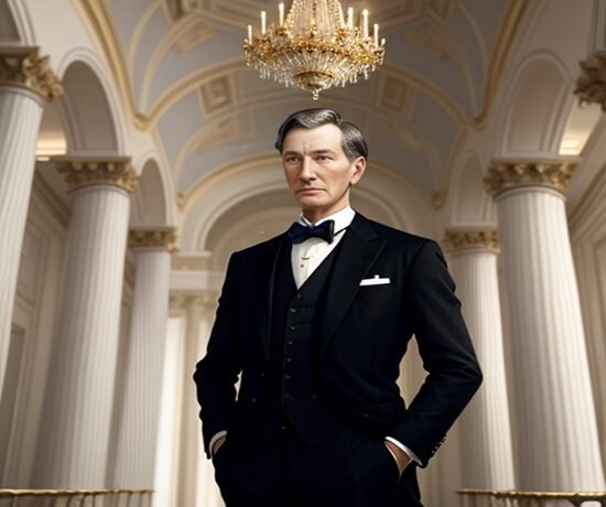 A man in a formal suit stands in an opulent hall with a chandelier and tall white columns, exuding both wealth and power reminiscent of John D. Rockefeller era. A man in a formal suit stands in an opulent hall with a chandelier and tall white columns, exuding both wealth and power reminiscent of John D. Rockefeller era.