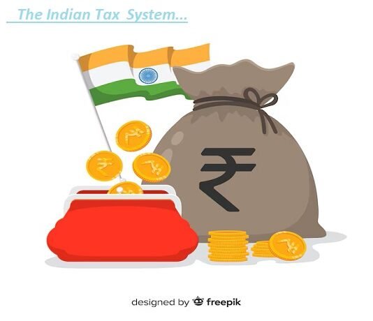 Illustration of the Indian tax system, featuring the national flag, coins, a red wallet, and a money bag with a rupee symbol. This artwork also highlights the Goods and Services Tax as part of the financial depiction.