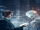 A man in a suit holds a tablet, facing a humanoid robot in a futuristic, blurred city background. AI Business Ideas