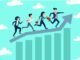 Illustration of four business people with briefcases running upward on a graph arrow, symbolizing business growth or progression against a backdrop of clouds.