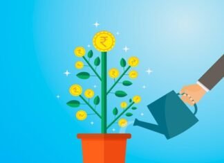 Illustration of a hand watering a potted plant with coins as leaves, symbolizing financial prosperity and growth.