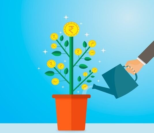Illustration of a hand watering a potted plant with coins as leaves, symbolizing financial prosperity and growth.