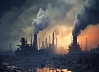An industrial landscape looms, with smokestacks releasing thick smoke under a cloudy sky, their reflections in a murky water body. The scene starkly highlights the air pollution crisis.