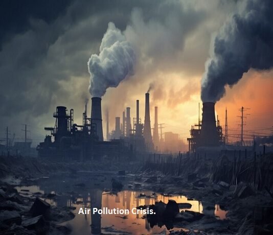 An industrial landscape looms, with smokestacks releasing thick smoke under a cloudy sky, their reflections in a murky water body. The scene starkly highlights the air pollution crisis.