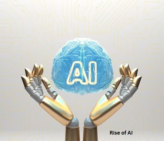 Two robotic hands hold a glowing, blue brain with" Rise of AI" inscribed on it. The background features circuitry patterns.