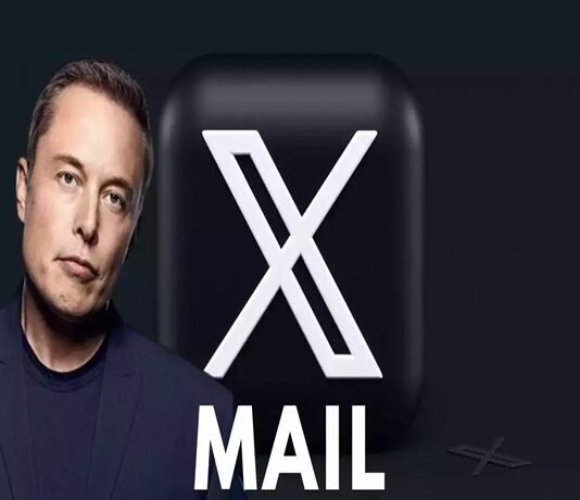Elon Musk stands next to a large black square with a white "X" symbol, with the word "XMAIL" below.