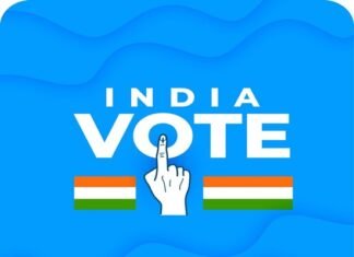 One Nation One Election: A Game Changer for India Blue background features the text "India Vote," alongside a hand with an inked finger and two Indian flags. Caption: "One Nation One Election: One India One Election.