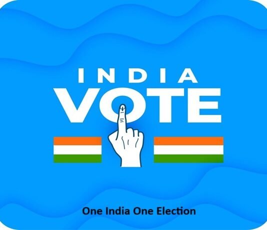 Blue background features the text "India Vote," alongside a hand with an inked finger and two Indian flags. Caption: "One Nation One Election: One India One Election.