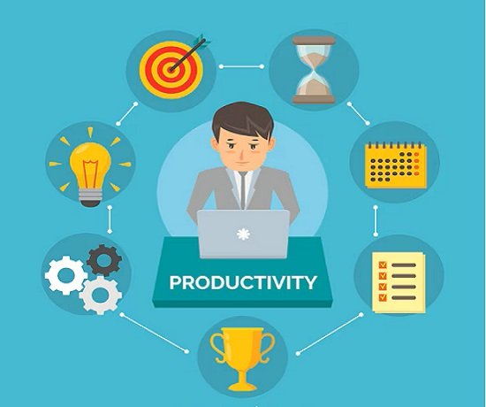 13 Proven Strategies to Enhance Productivity 1 An illustration of a man at a laptop labeled "Productivity," surrounded by icons: target, hourglass, calendar, checklist, gears, light bulb, and trophy. These elements suggest themes of growth and well-being through enhanced productivity.