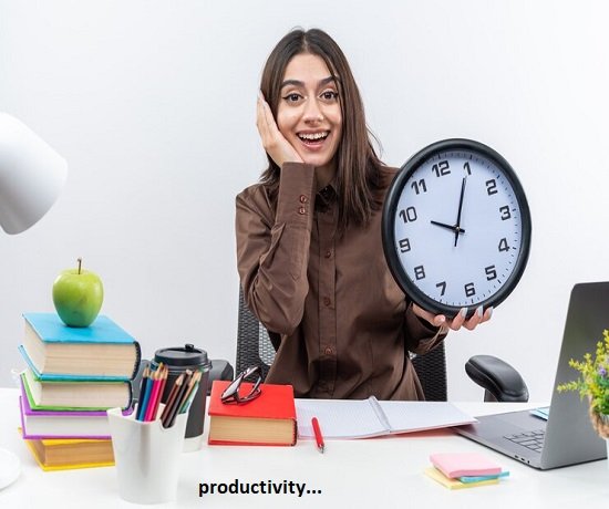 A woman sits at a cluttered desk, smiling while holding a large clock. Books, an apple, and stationery are visible, symbolizing growth. The word A woman sits at a cluttered desk, smiling while holding a large clock. Books, an apple, and stationery are visible, symbolizing growth. The word