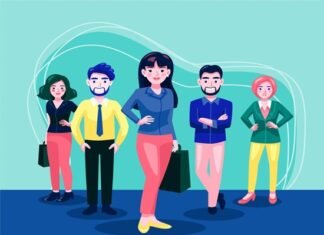 Illustration of five people standing together, embodying the spirit of famous role models. They are wearing colorful, modern attire and appear to be cheerful. The background features abstract, flowing lines, perfectly complementing their inspiring presence.