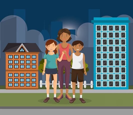 Illustration of three-child proposal standing arm in arm on a city street, with buildings in the background.