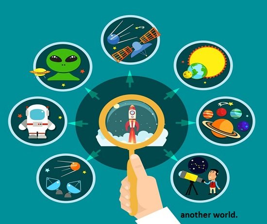 There Is Another World We Don’t Know About 1 A hand, wielding a magnifying glass, focuses on a rocket amidst a cosmic collage of an alien, astronaut, telescope, planets, satellite, and Earth. The text whispers the promise of "another world.