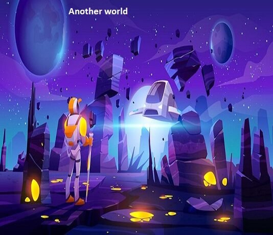 A robot explorer stands on another world's alien landscape with rocky formations, gazing at a spaceship against a starry sky and distant planets.