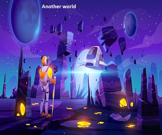 A robot explorer stands on another world's alien landscape with rocky formations, gazing at a spaceship against a starry sky and distant planets. A robot explorer stands on another world's alien landscape with rocky formations, gazing at a spaceship against a starry sky and distant planets.
