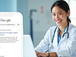 A doctor smiles at her desk, a stethoscope around her neck. Nearby, a smartphone screen reveals Google Ads for doctors showcasing the power of digital marketing for doctors to enhance patient reach and visibility.