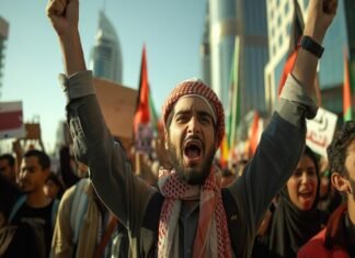 An Indian Taliban is a man wearing a keffiyeh who raises his arms and shouts in a crowded protest with flags and signs, reminiscent of recent demonstrations.