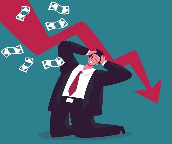Why is the Indian Economy Slowing Down? 1 An illustration of a worried man in a suit kneeling with hands on his head. A red downward graph arrow and floating money highlight financial distress, reflecting challenges in the banking sector.