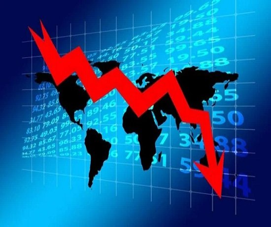 A red downward arrow in front of a world map and financial numbers highlights a global market decline, with particular implications for Indian economy slowing down A red downward arrow in front of a world map and financial numbers highlights a global market decline, with particular implications for Indian economy slowing down