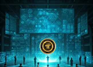 Pi Network: A New Era in Cryptocurrency? People stand in a futuristic room where digital screens showcase dynamic data flows, all centered around the glowing symbol of the Pi Network.