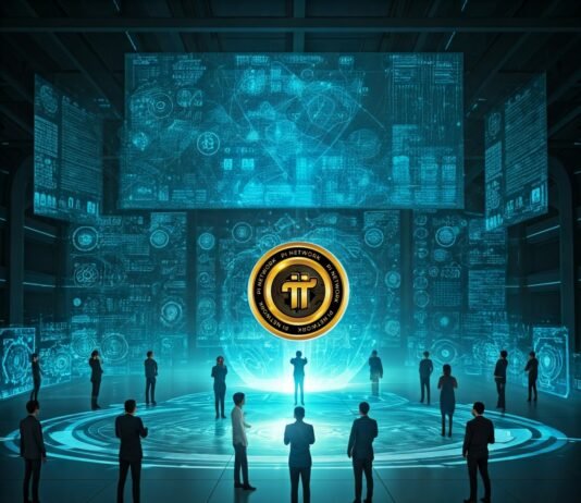 People stand in a futuristic room where digital screens showcase dynamic data flows, all centered around the glowing symbol of the Pi Network.