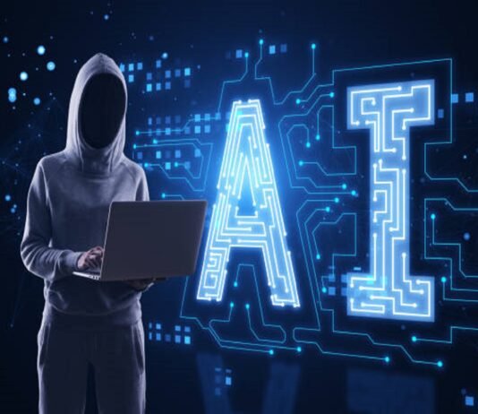 A person in a hoodie using a laptop stands next to a large digital AI sign, illuminated with circuit patterns, amidst the intriguing world of AI agents on a dark tech-themed background.