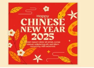 Chinese New Year 2025: A Year of New Beginnings Red and gold Chinese New Year 2025 card featuring the snake, one of the traditional Chinese New Year animals, with floral motifs and decorative lines. Text reads "Happy Chinese New Year 2025" with placeholder Latin text below.