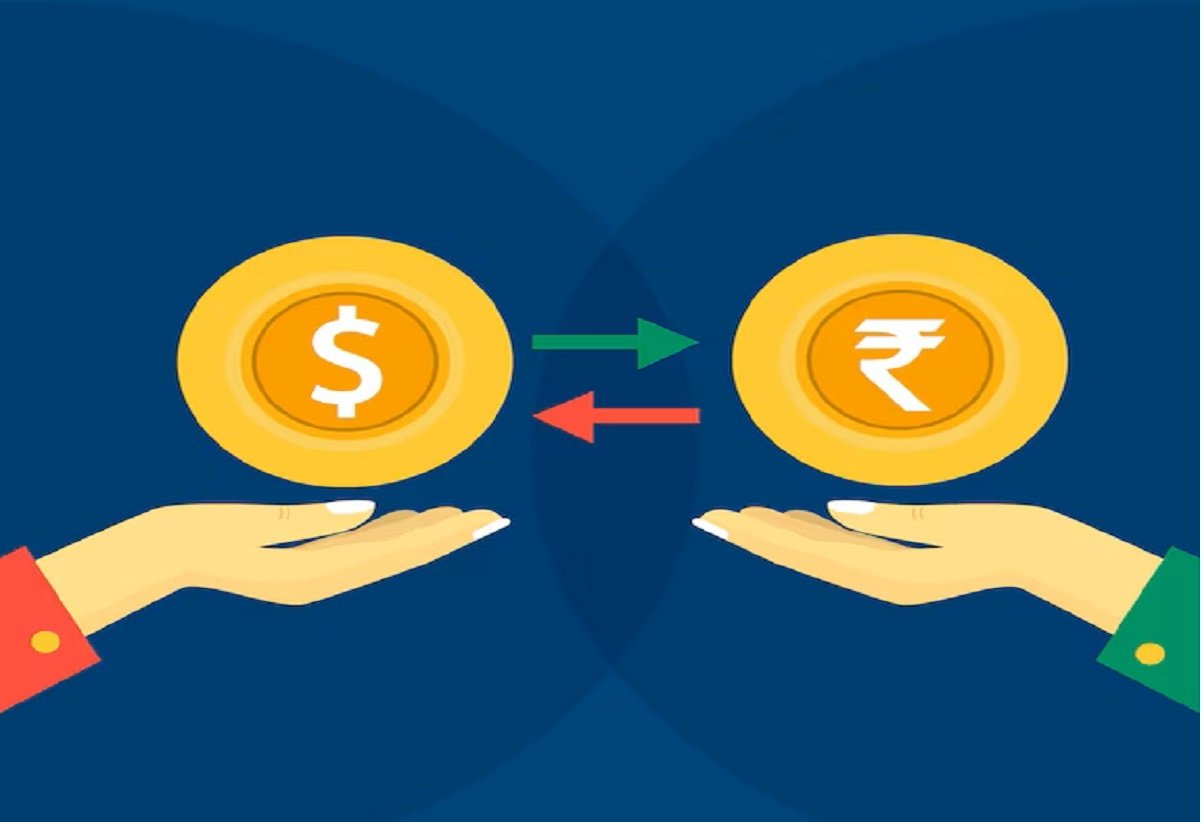 Illustration of two hands exchanging currency symbols, with a dollar vs rupees sign on the left and a rupee sign 