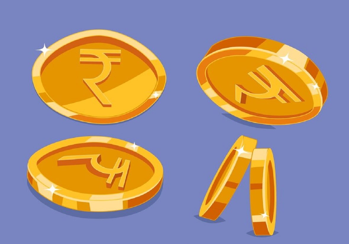 Illustration of four shiny, golden coins with a dollar vs rupee symbol on a blue background.