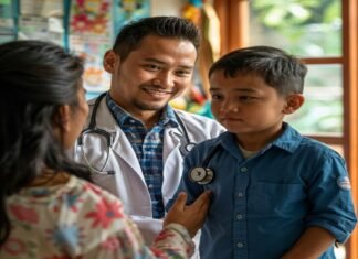 Why Healthcare and Education Are Limited in Rural Villages in India In an examination room, a doctor with a reassuring smile holds a stethoscope to a boy's chest, embodying the perfect harmony of healthcare and education.