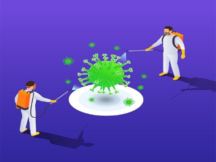 Two humans in protective suits and masks spray a large HMPV virus representation with disinfectant on a purple background. Two humans in protective suits and masks spray a large HMPV virus representation with disinfectant on a purple background.