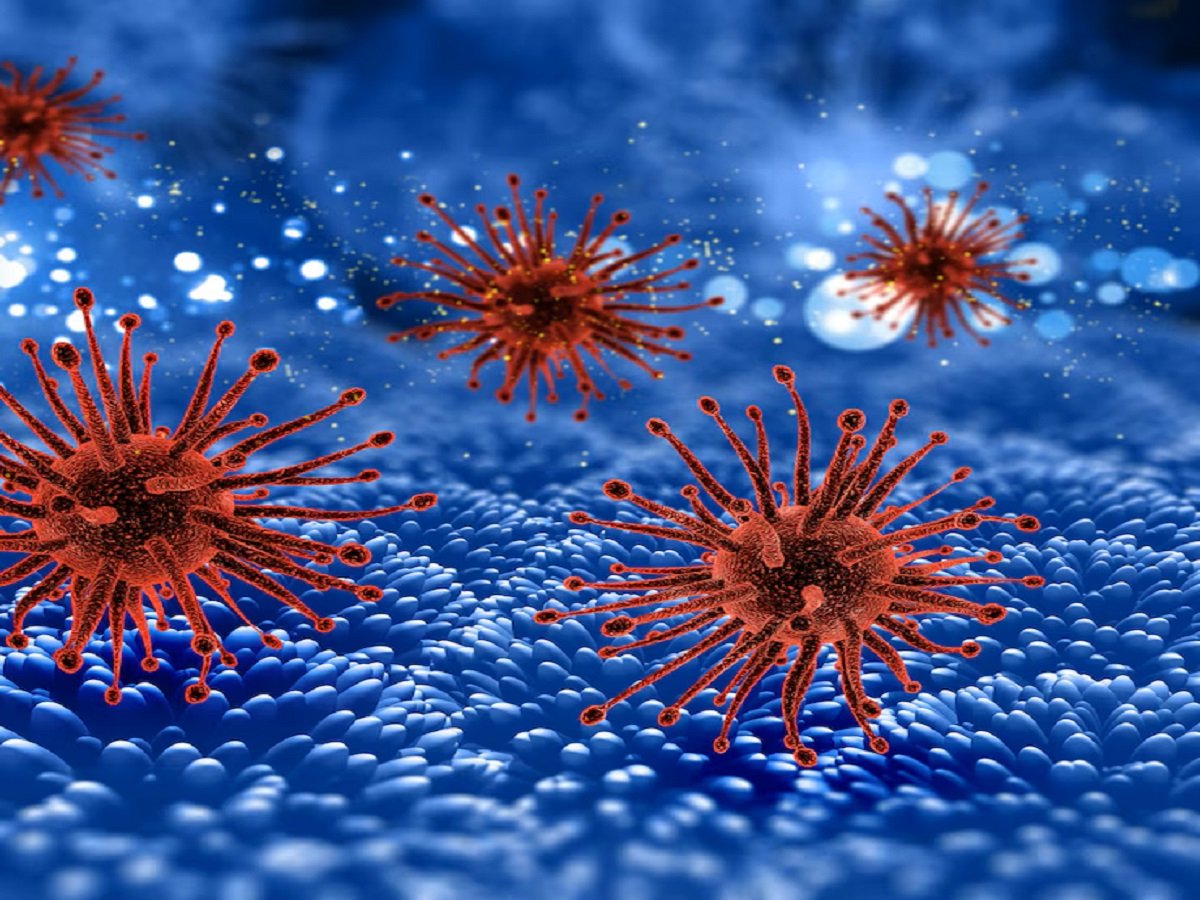 What is the New HMPV Virus in China? 1 Illustration of red, spiky hmpv virus on a blue, textured surface, resembling a microscopic view of a virus environment.