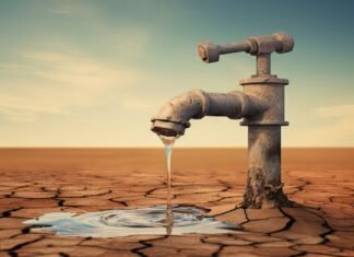 A rusty faucet protrudes from cracked, dry ground, releasing a small stream of water into a shallow puddle under a clear, blue sky—a haunting emblem of water scarcity reminiscent of the Indian water crisis.