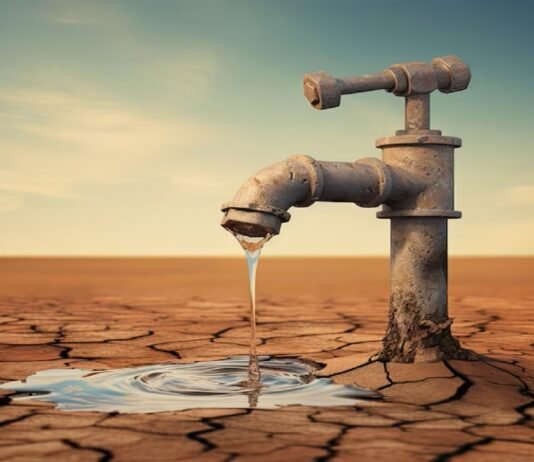 A rusty faucet protrudes from cracked, dry ground, releasing a small stream of water into a shallow puddle under a clear, blue sky—a haunting emblem of water scarcity reminiscent of the Indian water crisis.