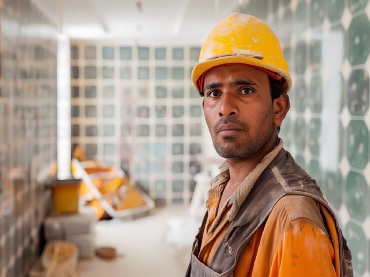 The India's migrant workers A construction worker with a yellow hard hat and orange vest stands in an unfinished tiled room.