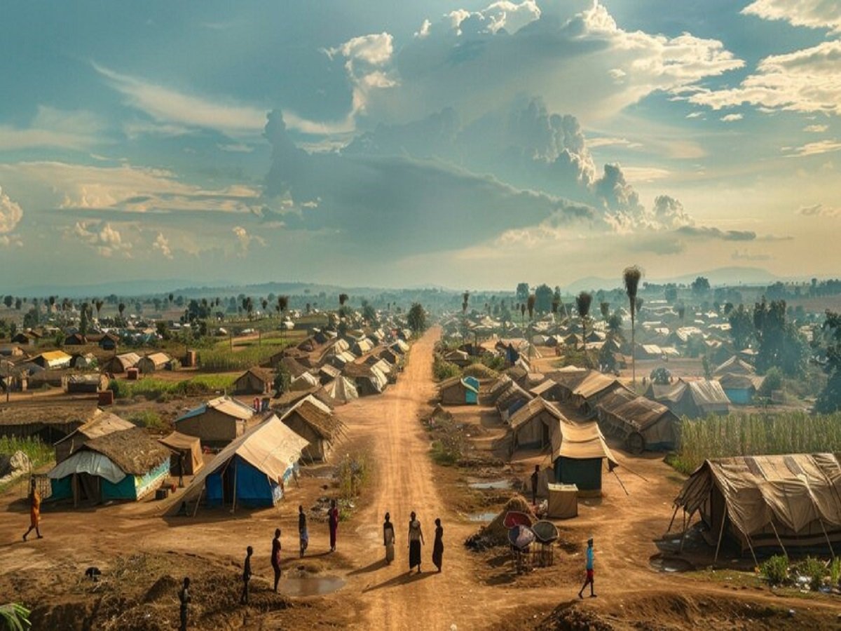 An Indian migrant worker is living in an aerial settlement with rows of tents and thatched structures lining a dirt road under a cloudy sky.