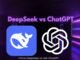 "China DeepSeek vs USA ChatGPT" illuminate a dark background with purple lighting.